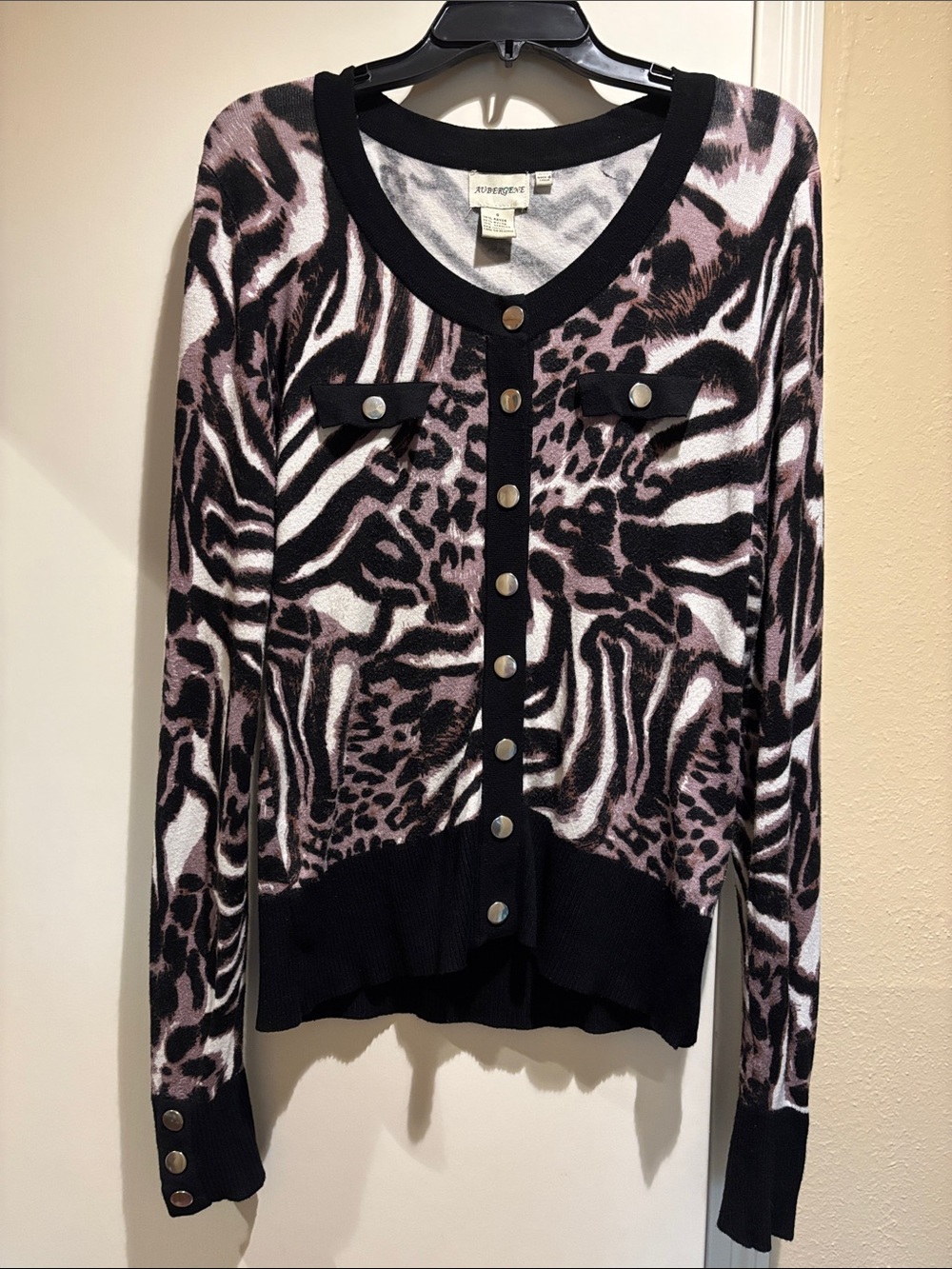 Renuar Black & Light Pink Animal-Print Button Cardigan